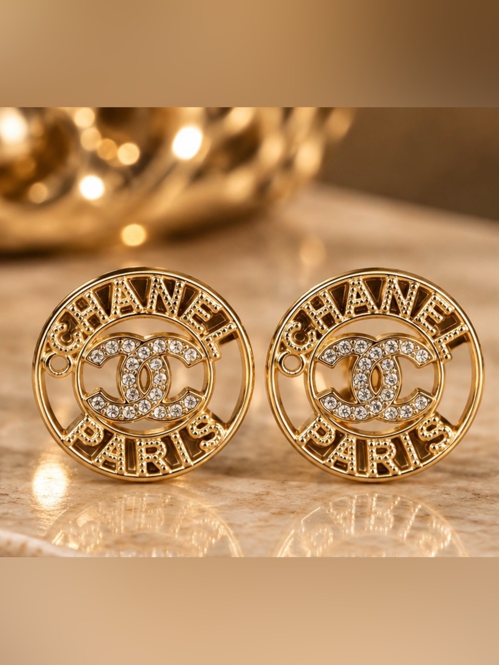 Gold Tone Paris Logo Statement Earrings Crystal Round Medallion Studs